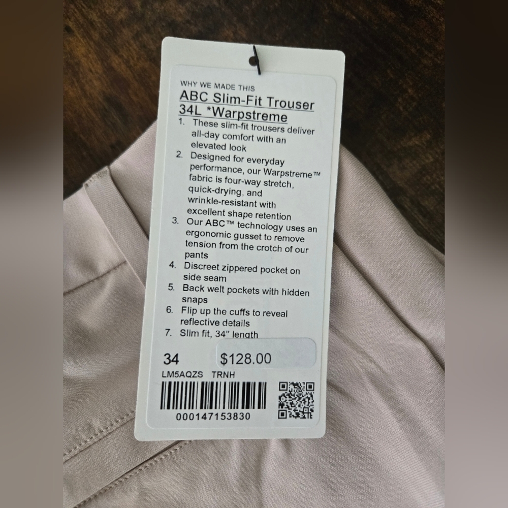 Lululemon ABC Slim-Fit Trouser 34L *Warpstreme Size 34W New - Picture 2 of 2